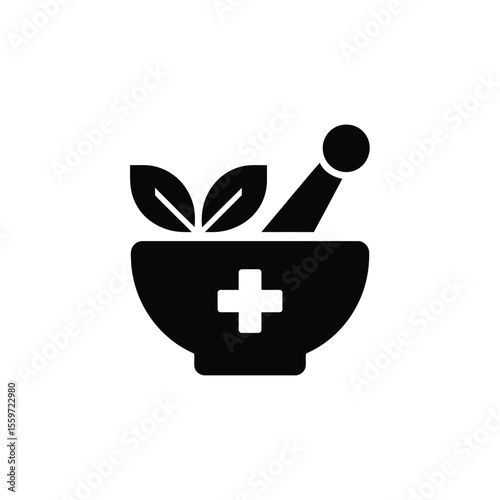 Mortar and pestle with leaves and medical cross icon