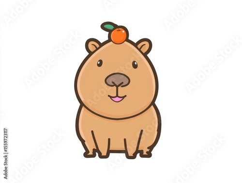 A tan capybara sits with an orange on its head
