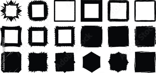 Grunge square frame vector pack, hand-drawn black sketch shapes for texture, border, art design, label, and graphic layout
