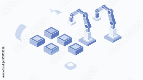 Isometric view of robotic arms assembling blue cubes on a white surface in a modern design