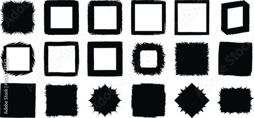Grunge frames set, rough black vector shapes for borders, badges, textures, and design decoration
