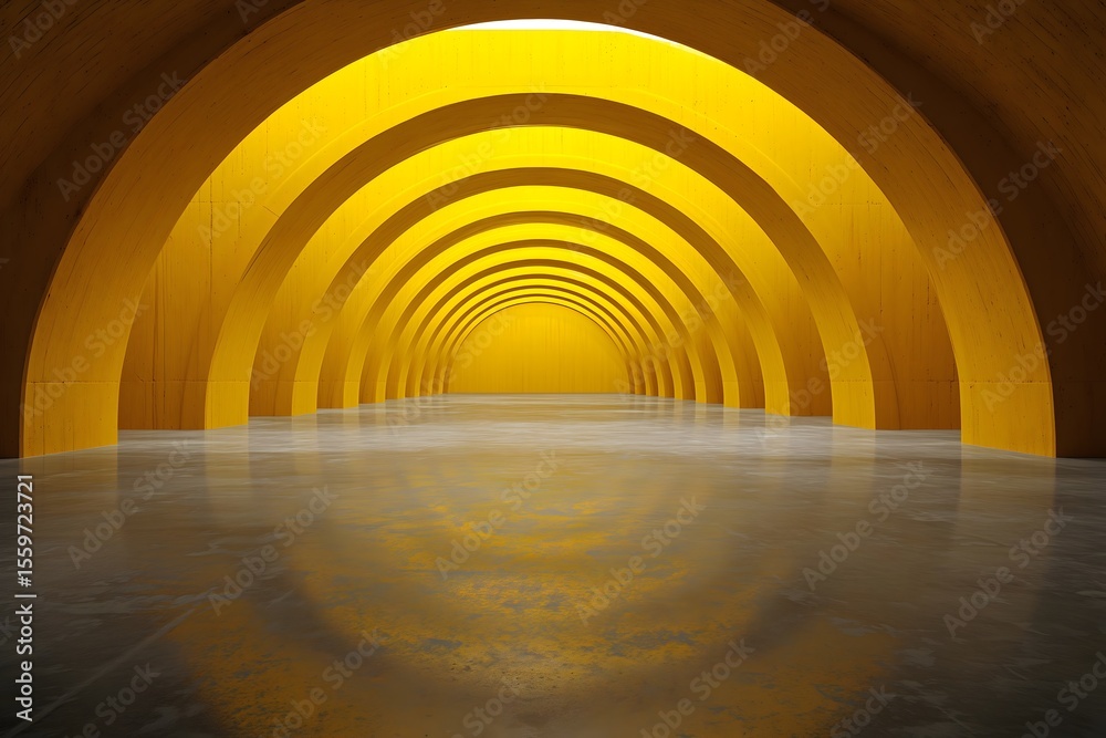 Obraz premium Modern yellow-toned architecture with abstract curved walls. tunnel light.