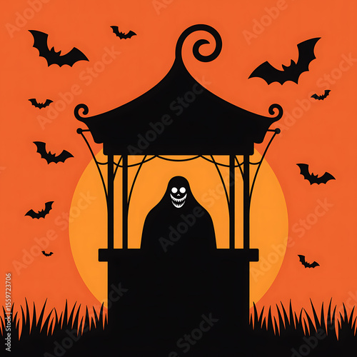 Spooky Ghost in a Well with Bats on an Orange Halloween Night