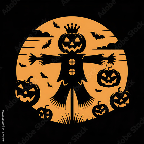 Halloween Night Silhouette of Scarecrow with Pumpkins and Bats Against the Moon