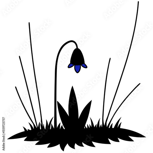 A single bluebell growing among moss in a dim forest, light rays filtering through trees