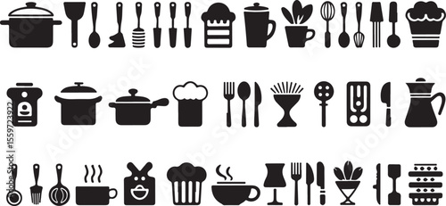  collection of 36 detailed line art illustrations of kitchen utensils and cookware, including pots, pans, cups, and baked goods in monochrome