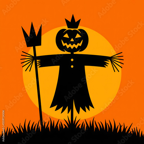 Halloween Scarecrow Silhouette with Pumpkin Head and Crown on Orange Background