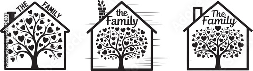 three detailed line art illustrations of houses with family trees inside, featuring heart-shaped leaves and labeled "The Family"