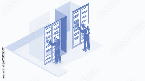 Isometric view of two workers in blue uniforms examining server racks in a data center environment space