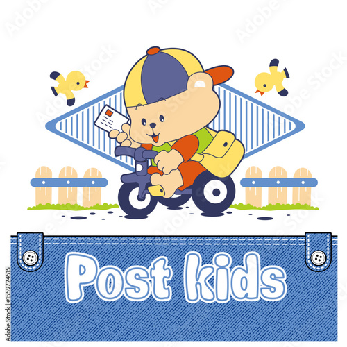 bear delivering postcards, Animal Cartoon, isolated Flat Vector Illustration