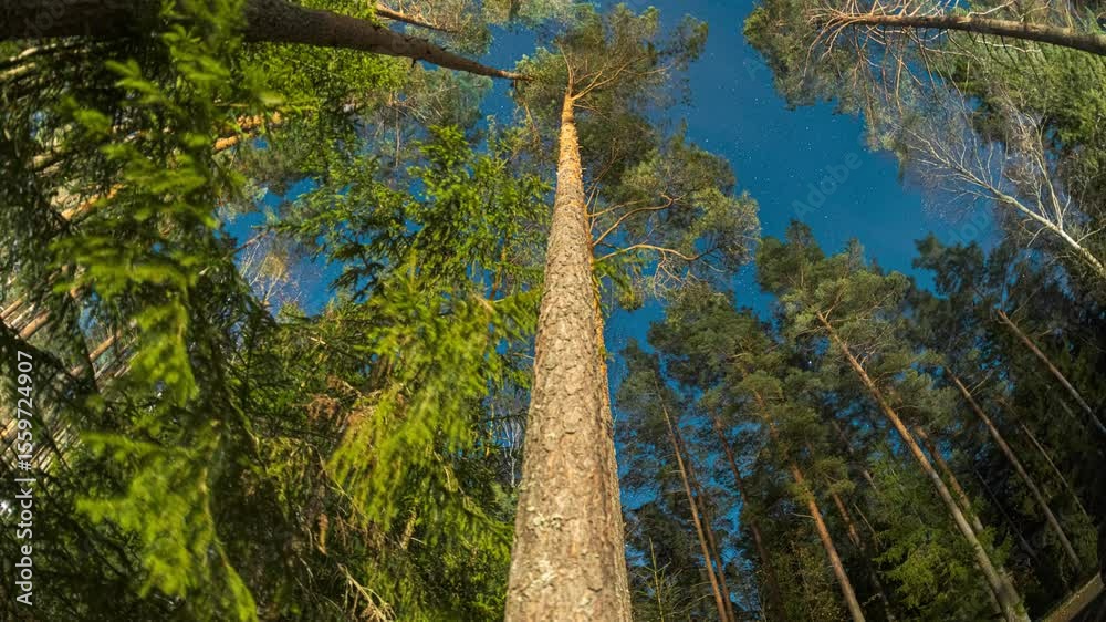 Slider shot Night Natural Starry Sky Above Woods. Night Landscape With Dramatic Sky With Shining Stars. Slider motion. Bottom view. Trees trunks and deep dark night sky. Sky Stars Above Crowns Of