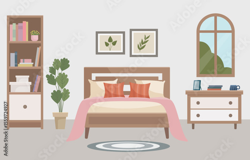 Warm and cozy bedroom with a comfortable bed, soft light lamp, window, bookshelf and indoor plant. Interior concept. Ideal for websites, social media posts, blogs and interior design projects.