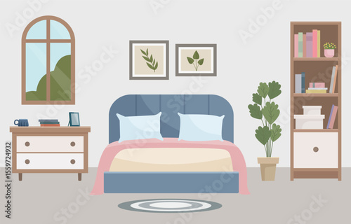 Flat vector of cozy living room with bed, window, bookshelf and home decor. Ideal for websites, social media and interior design projects. Home furniture.
