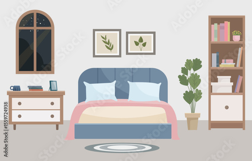 Flat vector of cozy living room with bed, window, bookshelf and home decor. Ideal for websites, social media and interior design projects. Home furniture.