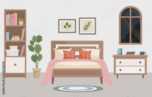 Warm and cozy bedroom with a comfortable bed, soft light lamp, window, bookshelf and indoor plant. Interior concept. Ideal for websites, social media posts, blogs and interior design projects.