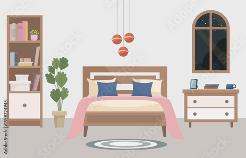 Warm and cozy bedroom with a comfortable bed, soft light lamp, window, bookshelf and indoor plant. Interior concept. Ideal for websites, social media posts, blogs and interior design projects.
