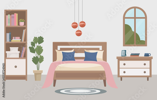 Warm and cozy bedroom with a comfortable bed, soft light lamp, window, bookshelf and indoor plant. Interior concept. Ideal for websites, social media posts, blogs and interior design projects.