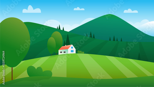 Colorful rural landscape with hills and a quaint house under a clear sky