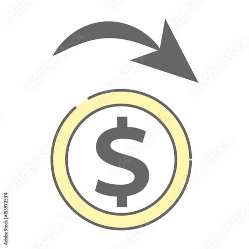 Dollar coin decreasing with downward arrow icon
