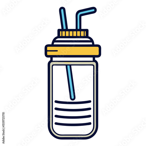 Line art of a compact school water bottle with a straw lid and handle