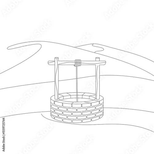 Line Drawing of a Well in a Desert Landscape