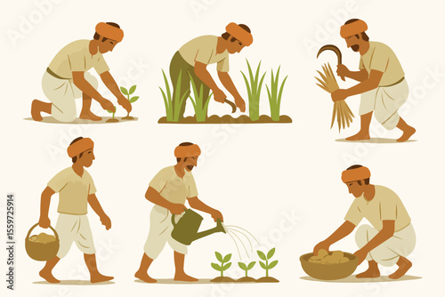 Vector Set Farmers working plants agriculture rural field