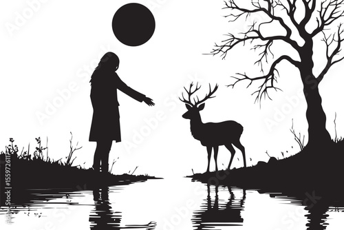 Mystical Night Scene with Woman, Deer, and Tree Silhouette by Water