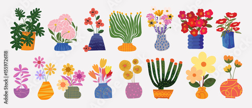Flower, floral bunches in vases hand drawn icon element isolated illustration..Blossomed spring summer plants decoration.