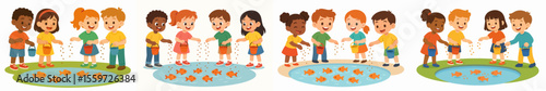 Vector Set Kids feed fish in fishpond
