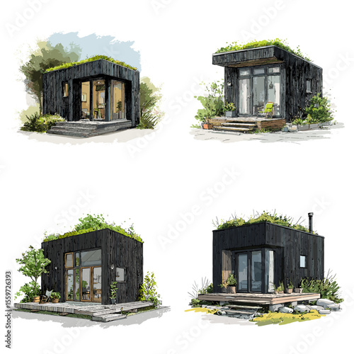 Modern eco-friendly black micro homes with flat green roofs and minimalist cube design, sketched with greenery and sustainable architecture principles.

