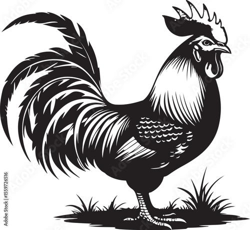 Proud Rooster Standing in Grass - Farm Animal Vector Illustration