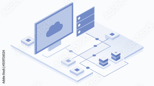 Isometric representation of a cloud computing network with server and data connections shown clearly here