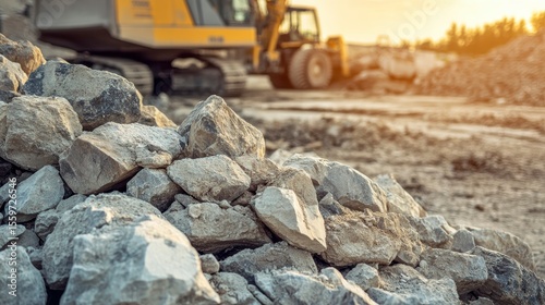 Close-up of rocks at a construction site with heavy machinery in the background.