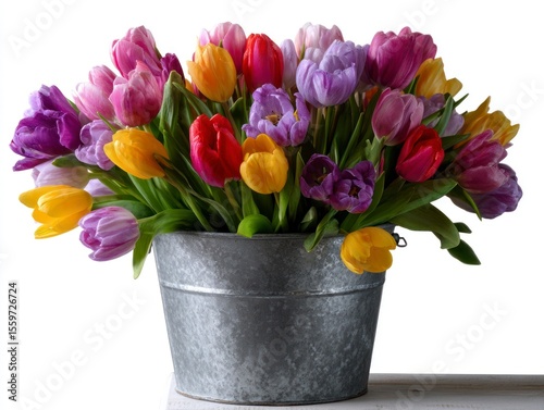 Wallpaper Mural Bucket brimming with colorful tulips in hues of purple pink red  yellow Torontodigital.ca