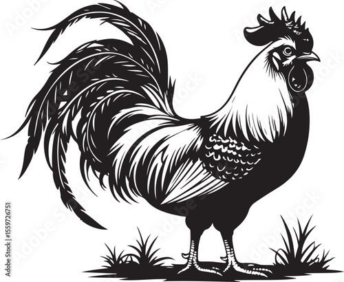 Proud Rooster Standing in Grass - Farm Animal Vector Illustration