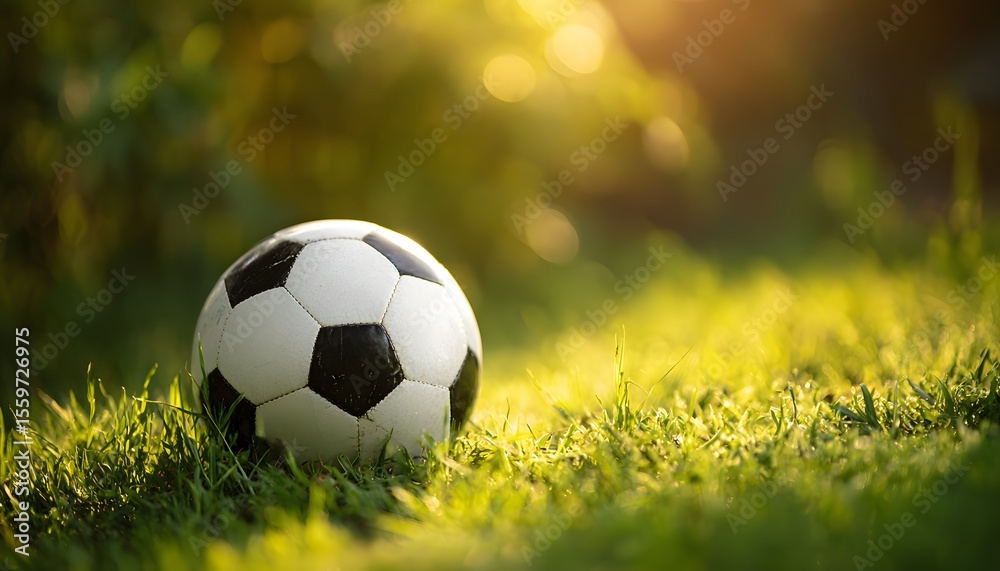 Fototapeta premium Soccer ball football on grass in sunny day