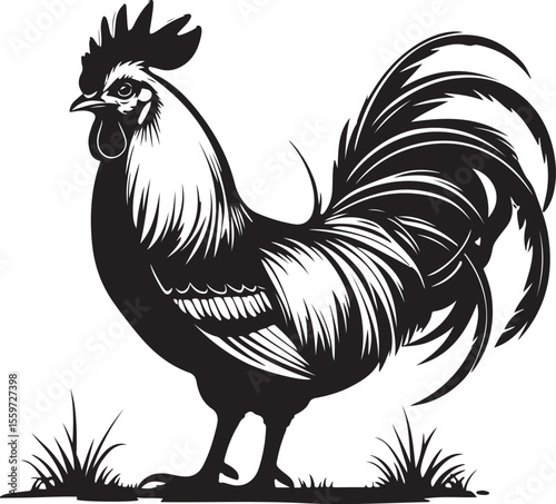 Proud Rooster Standing in Grass - Farm Animal Vector Illustration