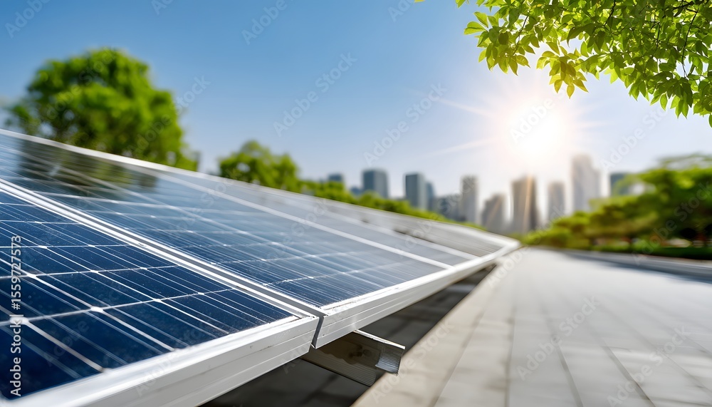 Fototapeta premium Photovoltaic solar power panel in city with sun light. Green power concept