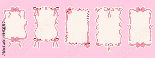 Coquette bow decorative frames set with pink ribbons. Modern hand drawn whimsical borders for invitations and cards