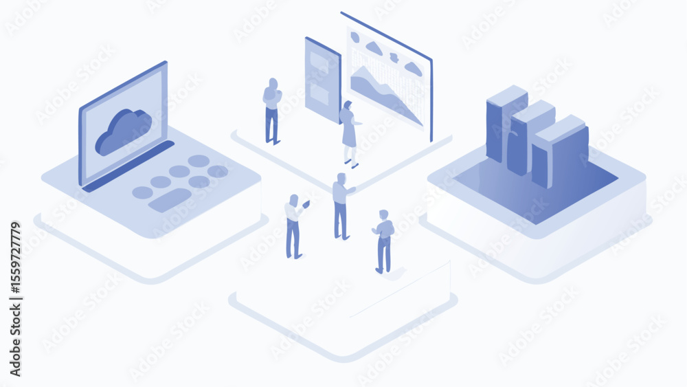 Fototapeta premium Isometric illustration of cloud computing with people analyzing data on screens and servers
