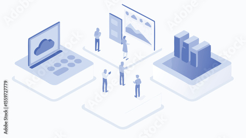 Isometric illustration of cloud computing with people analyzing data on screens and servers