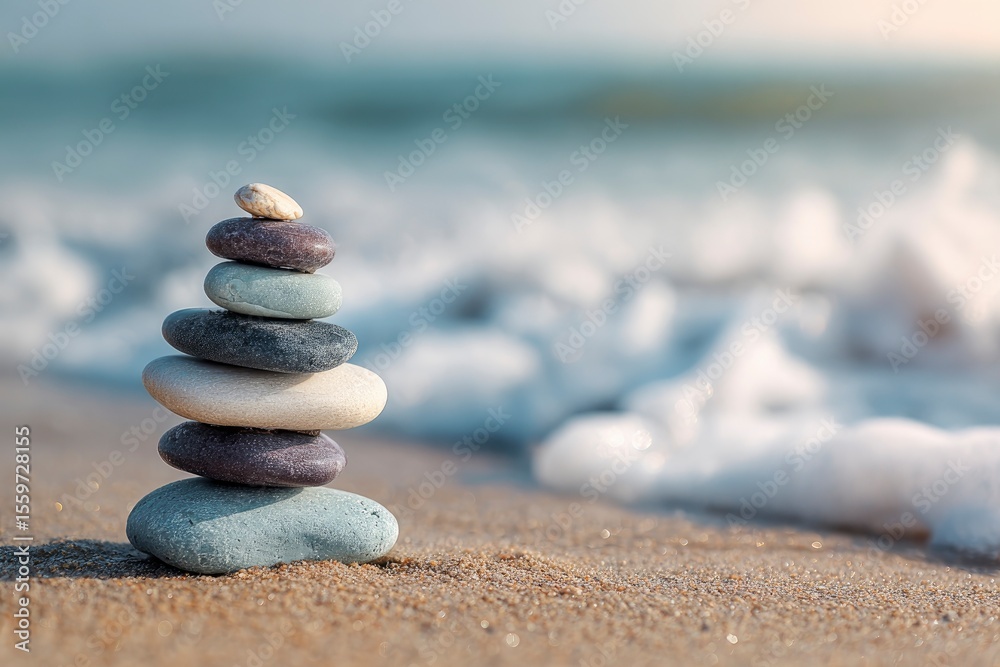Fototapeta premium A stack of balanced smooth variedcolored stones rests on a sandy beach with blurred ocean waves in the background