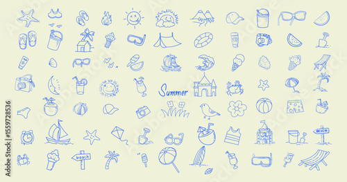 Set of summer items icon sign and symbol illustration. Icons related to summer vacation tropical sea, beach and travel.