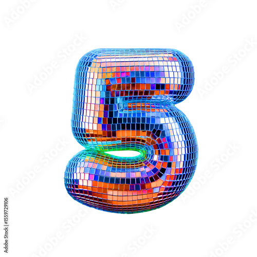 Number 5 in a 3D disco ball style—rounded, inflated, and tiled with shiny blue, silver, purple, and orange. It glows with party vibes and retro-futuristic energy.