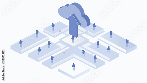 Isometric illustration of people on platforms with a cloud upload icon above them all