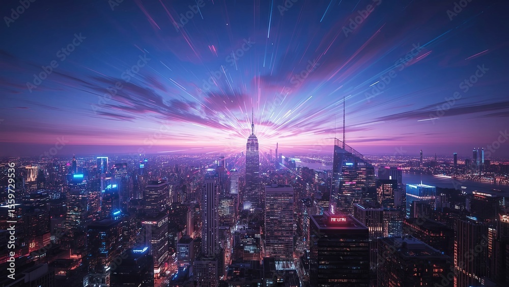 Fototapeta premium A futuristic cityscape illuminated by bright neon lights in shades of blue, pink, and purple creates a night scene full of energy, technology, and a cyberpunk atmosphere in a modern urban environment
