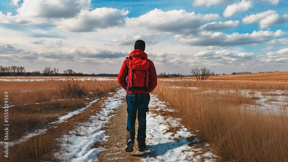 Person hiking on a snowy path through a field under a partly cloudy sky