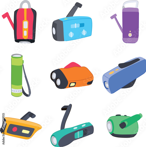 hand crank flashlight set cartoon vector illustration