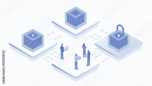 Isometric view of a team collaborating on a secure blockchain network with data encryption and access