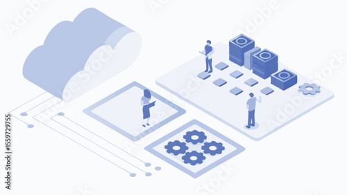Isometric view of cloud computing platform with people interacting with data and configurations